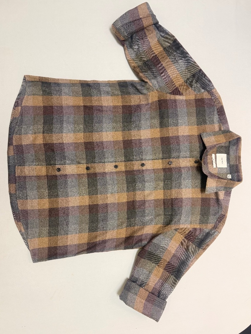 Billy Reid Tuscumbia Plaid Flannel Shirt Mens L Relaxed Fit Gray Gold Burgundy